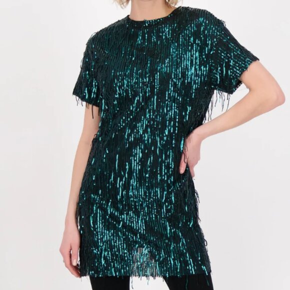 💥SHOWSTOPPER💥1920's Flapper Style Sequin & Fringe Cocktail Dr in Emerald Green - Picture 9 of 16